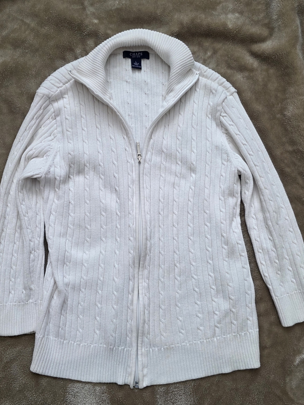 Chaps Cream Cable-knit Full-zip Cardigan Sweater Preppy School Uniform Sz L - Picture 5 of 9